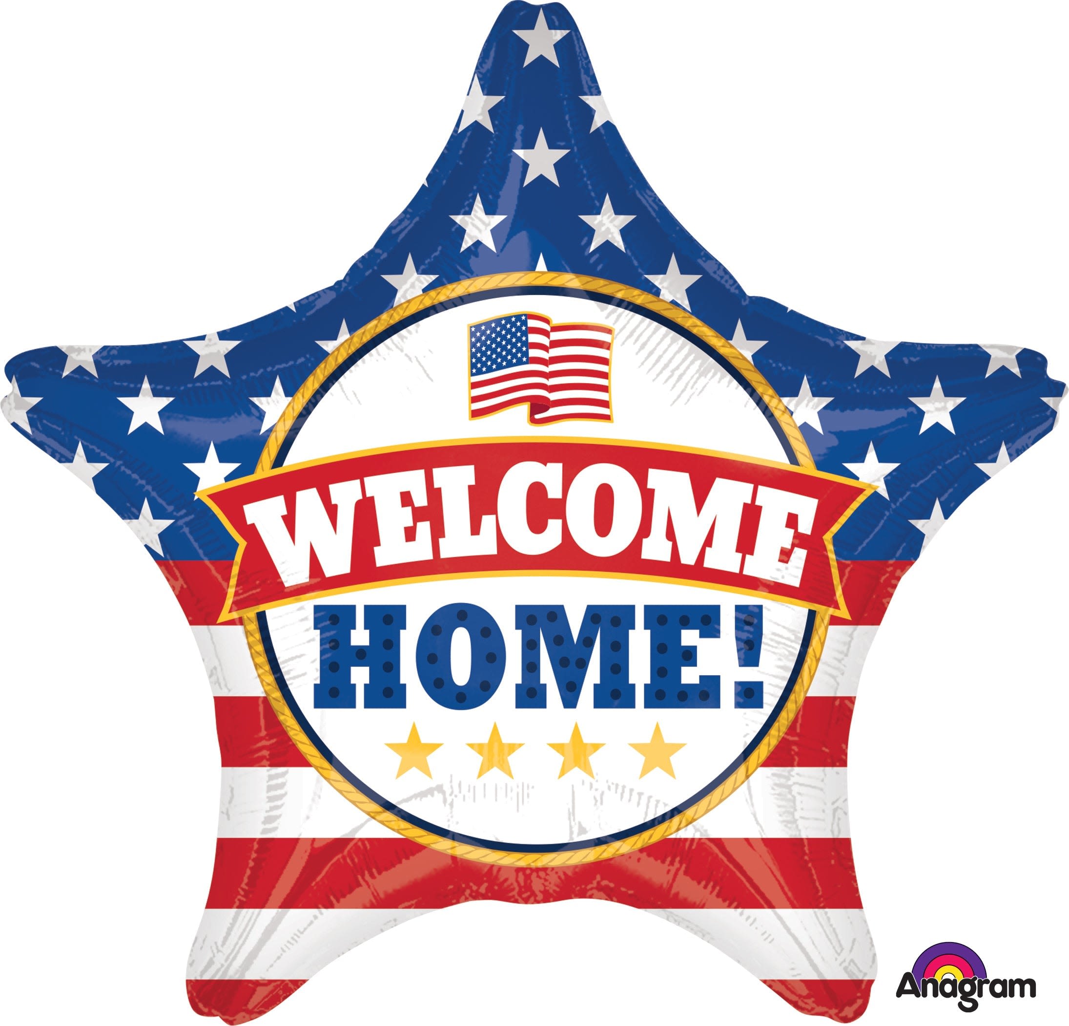 18" Welcome Home Star Mylar - A bold, star-shaped foil balloon that announces "WELCOME HOME!" in big, celebratory letters - perfect for a welcome home celebration, military homecoming, or surprise party. This 18" star mylar balloon features a patriotic American flag motif in red, white, and blue with white stars and bold stripes, accented by a gold-outlined circular emblem and a bright pop of yellow to catch the eye. The festive design immediately tells the person you're greeting that they're honored and missed.  Made from durable foil, this balloon holds its shape and message whether tied to a chair, anchored in a bouquet, or given as a standalone congratulatory gift. The 18-inch size is visible from across the room and pairs well with other balloons or floral arrangements for a fuller display. Order it to celebrate a returning service member, family member, or friend - an easy, confident way to make the moment feel official and warmly received.