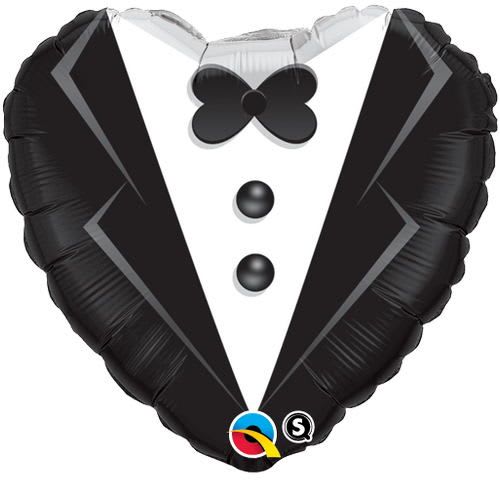 18" Groom Tux Heart shaped Mylar - A novelty 18" groom tux heart-shaped Mylar balloon brings playful, formal flair to celebrations - perfect as a party accent or gift for birthdays, graduations, retirements, or a groom at a wedding shower. The black jacket, white shirt front and bow tie graphic read instantly as a tuxedo motif, so the person you're honoring will get a laugh and feel celebrated the moment they see it.  Made from glossy foil with crisp printed details, this 18-inch heart-shaped hard-good balloon holds helium or air for a polished, long-lasting display beside cakes, gift tables, or tied to a chair. Order it alone as a fun keepsake or pair it with flowers in coordinating black, white, or blue tones to create a themed arrangement that matches your event - a simple way to make someone feel seen and add instant personality to the party.