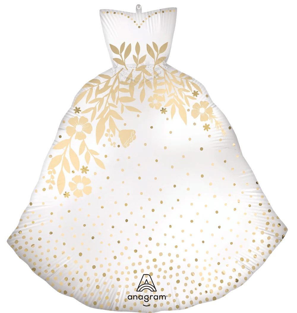 29" Jumbo Wedding Dress Mylar - A white, dress-shaped foil balloon trimmed with delicate gold floral motifs and soft metallic polka dots creates an instant focal point for a wedding or bridal shower. This 29" jumbo wedding dress Mylar balloon reads as festive and elegant-the airy gown silhouette and warm gold accents give the person you're celebrating a moment of sparkle and delight, perfect for announcing a bride-to-be or accenting reception decor.  Made of high-shine white foil with printed gold leaves, flowers, and scattered polka dots, the balloon carries a subtle branded Anagram logo near the bottom and comes ready for helium display or tied to a centerpiece. Its large 29" scale makes it visible over tables and in photos; pair with complementary white or yellow blooms, ribbons, or weight to complete a bridal vignette and ensure it stays upright throughout the event.