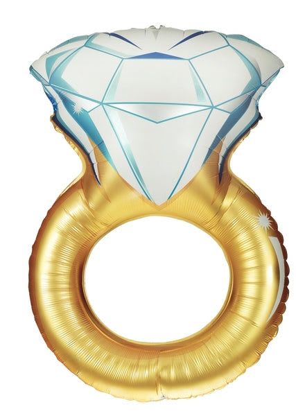 37" Engagement Ring Mylar  - A gleaming 37" engagement ring foil balloon that reads as pure celebration - perfect for an engagement, proposal, anniversary, or romantic party. The ring-shaped design features a metallic gold band topped with a large faceted white-and-blue "diamond," giving the piece a bold, playful look that instantly signals commitment and joy to the person you're honoring.  This novelty foil balloon measures 37" across, with a shiny finish that catches light and photographs beautifully. The cool white and blue gem contrasts with the warm gold band for maximum visual pop; it arrives ready to inflate and makes an eye-catching centerpiece among bouquets or party decorations.  Give it to the newly engaged couple, use it to stage a surprise proposal, or add it to anniversary décor - she'll feel celebrated and seen with this oversized symbol of love. Easy to order and simple to display, it pairs well with fresh flowers or as a standalone statement for the moment you want to remember.