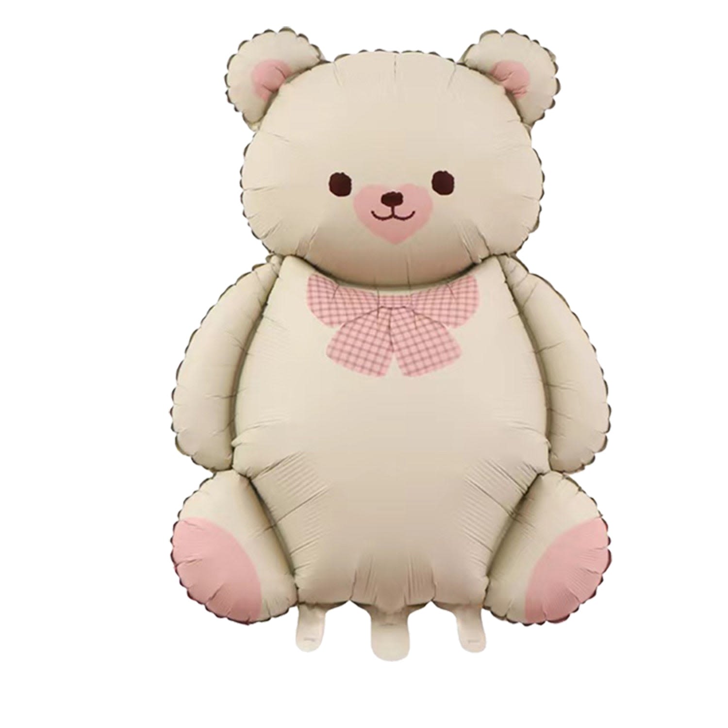 35" Teddy Bear with Pink Bow Mylar - A cuddly cream-colored teddy bear-shaped foil balloon with a pink checkered bow-the perfect cheerful touch for a birthday, baby shower, or any children's celebration. This 35" teddy bear balloon reads as playful and welcoming, a clear focal-point gift that immediately signals joy and celebration for the person you're thinking of.  Made from durable foil, the balloon features soft cream tones with pink accents on the ears, paws, and face and a simple, sweet cartoon expression that delights children and grown-ups alike. At 35 inches, it's large enough to stand out in a party display or as a solo surprise, and the printed pink bow gives it a handcrafted, whimsical look without extra assembly.  Send it as a happy first gift for a newborn, a fun birthday surprise, or a cheerful get-well pick-me-up-the smiling bear says "congratulations" or "thinking of you" in a bright, child-friendly way. Order with confidence for same-day pick-up or local delivery; the foil material holds helium well for extended display so the recipient will enjoy it long after the celebration.
