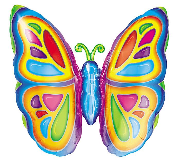 25" Jumbo Butterfly Mylar - A cheerful, jumbo 25" butterfly mylar balloon that instantly brightens any birthday or celebration - perfect for a birthday bouquet or party centerpiece. The butterfly-shaped foil design features vivid rainbow panels across both wings with a blue body at the center, creating a playful, festive look that will make the person you're celebrating feel joyful and seen.  This mixed-color balloon shows glossy yellow, blue, purple, pink, green, and red panels for high visual impact and contrast. As a single hard-good accent, it pairs beautifully with bright fresh flowers or stands alone as a fun gift topper; its 25‑inch size makes it visible from across a room. Ideal for kids' parties, congratulations, or any happy occasion, the balloon arrives ready to float and adds instant celebration without extra setup.