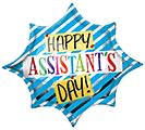 18" Assistant's Day Mylar - A cheerful star-shaped decorative sign in bright blue, yellow, white and mixed colors makes a bold, playful statement for Assistant's Day or office appreciation. This 18" Mylar-style piece reads "Happy Assistant's Day!" in layered, hand-drawn lettering and blue diagonal stripes-the kind of upbeat, celebratory accent that instantly brightens a desk, break room, or reception area and makes the person you're honoring feel seen.  Crafted as a flat printed or cutout gift item rather than a floral bouquet, the sign's vivid colors and whimsical design pair easily with a small treat, card, or desk plant to create a complete appreciation gift. Lightweight and ready to display, it's ideal for co-workers, administrative professionals, or support staff-perfect when you want to mark Administrative Professionals Day with something fun and festive.