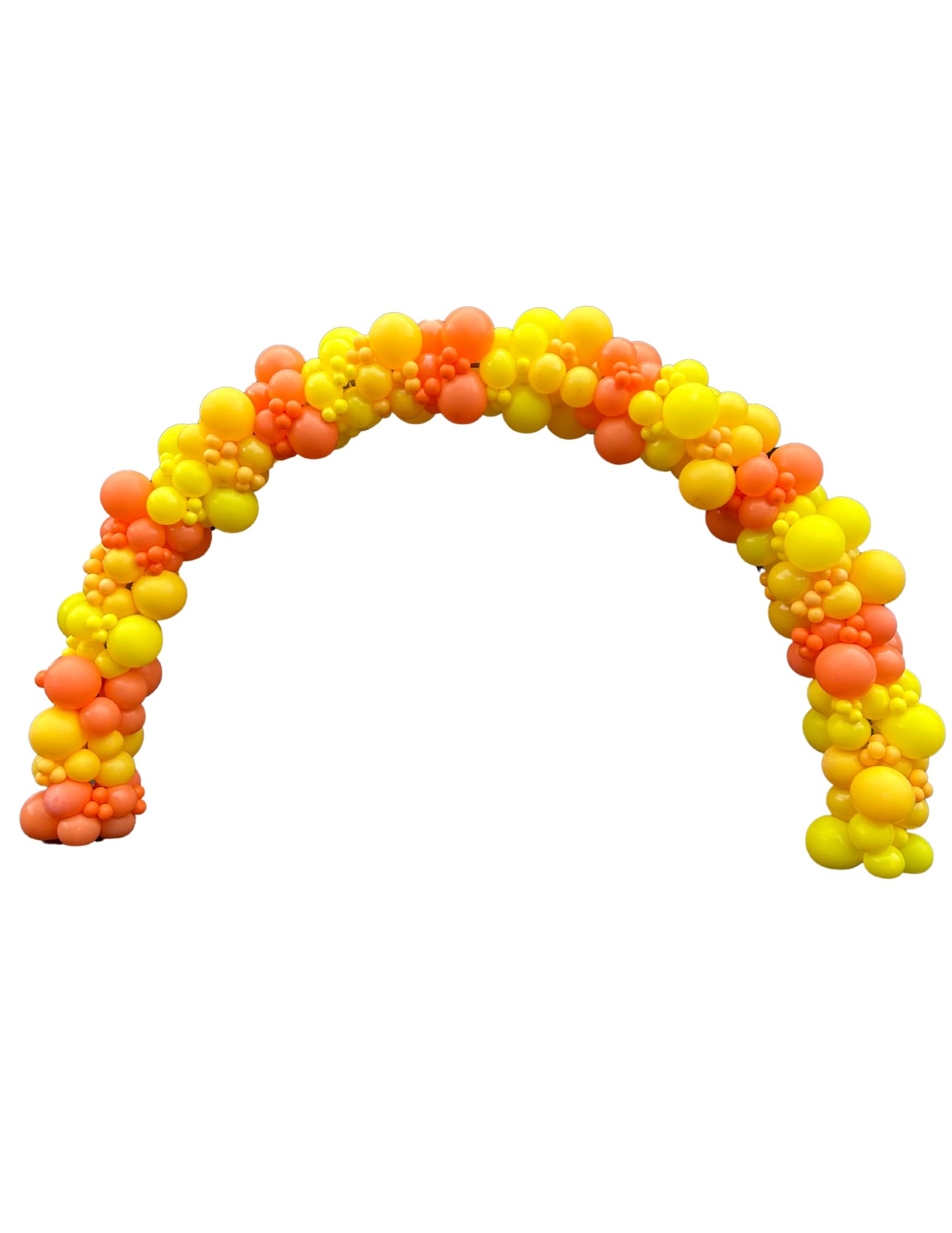 Yellow and orange balloon arch on a white background