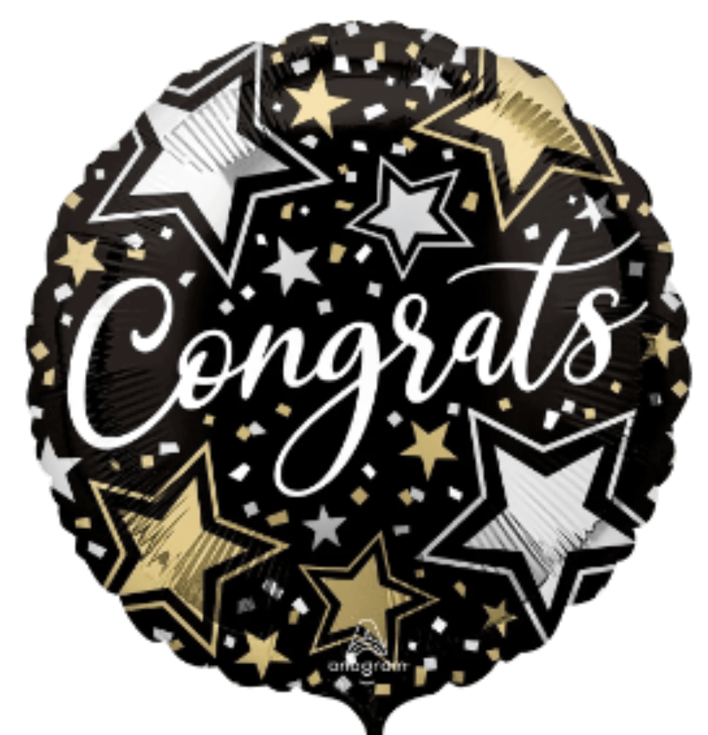 18" Black, Silver, and Gold Congrats Mylar - Make their milestone feel unmistakable with an 18" Black, Silver, and Gold Congrats Mylar - a bold, party-ready congratulation balloon perfect for graduation, promotion, or any celebratory occasion. The large black foil surface showcases "Congrats" in sweeping white script, surrounded by scattered stars and confetti accents in gold, silver, and white so the recipient immediately sees the joy and recognition you want to send.  This arrangement includes the round 18" foil balloon mounted on a balloon stick and finished with a vertical strand of metallic star garland for extra movement and shine. Colors read as black, white, yellow (warm gold tones), and mixed metallics; the design is simple but high-impact, making it an ideal add-on to a floral bouquet, gift basket, or table centerpiece. Because it's a foil mylar balloon, it holds helium-style shape longer than latex and ships ready to display on the included stick.  Choose this festive piece when you want the person you're celebrating to feel seen and applauded-graduates, new hires, or anyone hitting a big personal win. It's ready to place in a bouquet or set on a desktop, and the stick-mounted format means easy setup and no helium required for delivery.