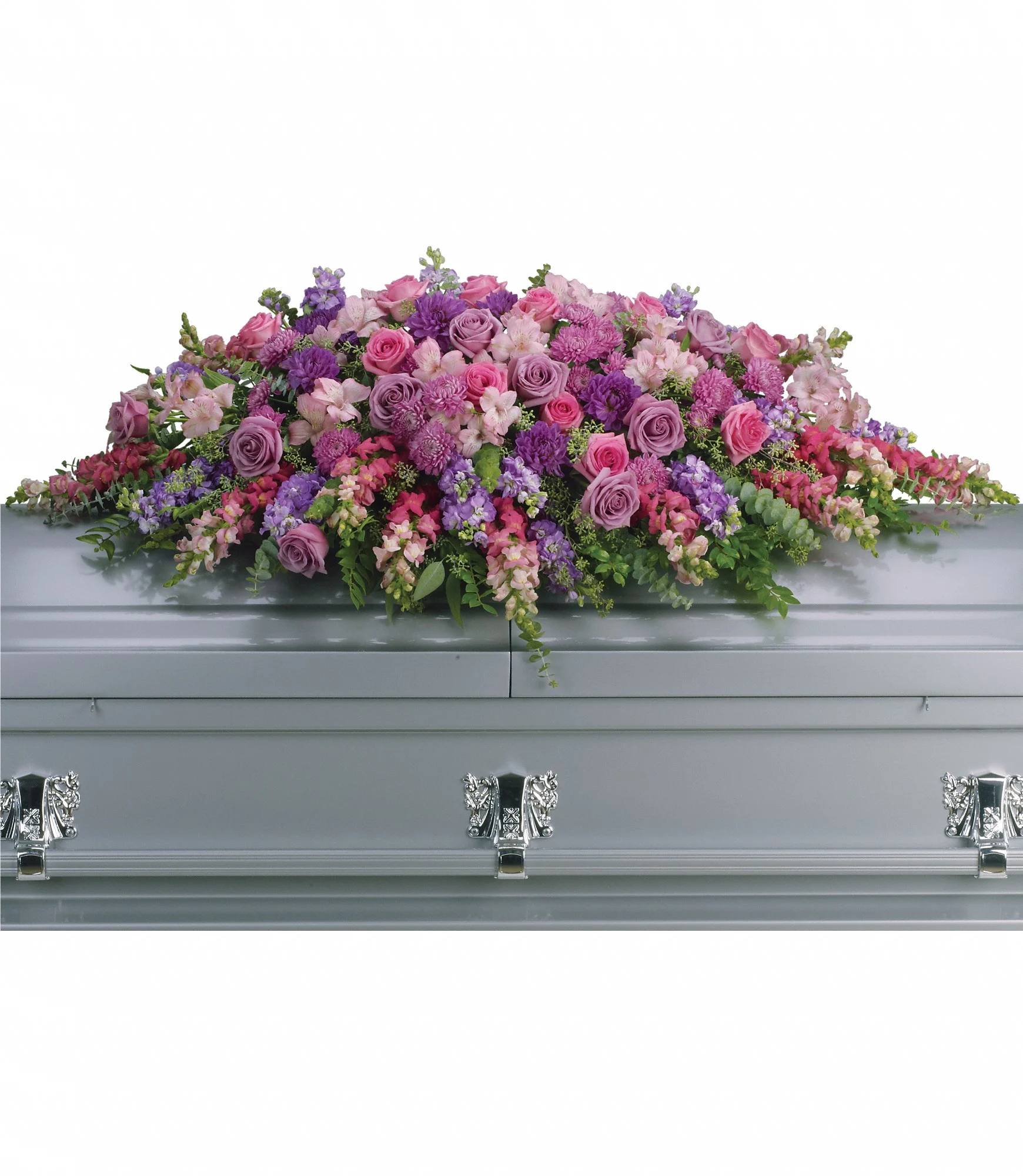 wonderful life Casket Spray - Memorialize the meaning of a wonderful life with this beautiful full casket spray of assorted fresh blossoms in pretty pink, lavender, and purple hues. Featured flowers include roses, alstroemeria, stock, carnations, snapdragons, or other similar seasonal favorites. An exceptional family tribute
