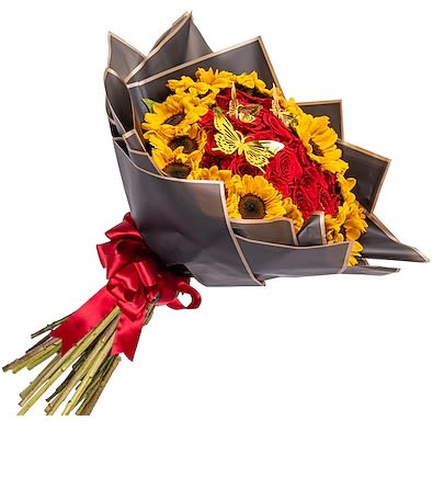 Bouquet of red roses and yellow sunflowers wrapped in dark paper