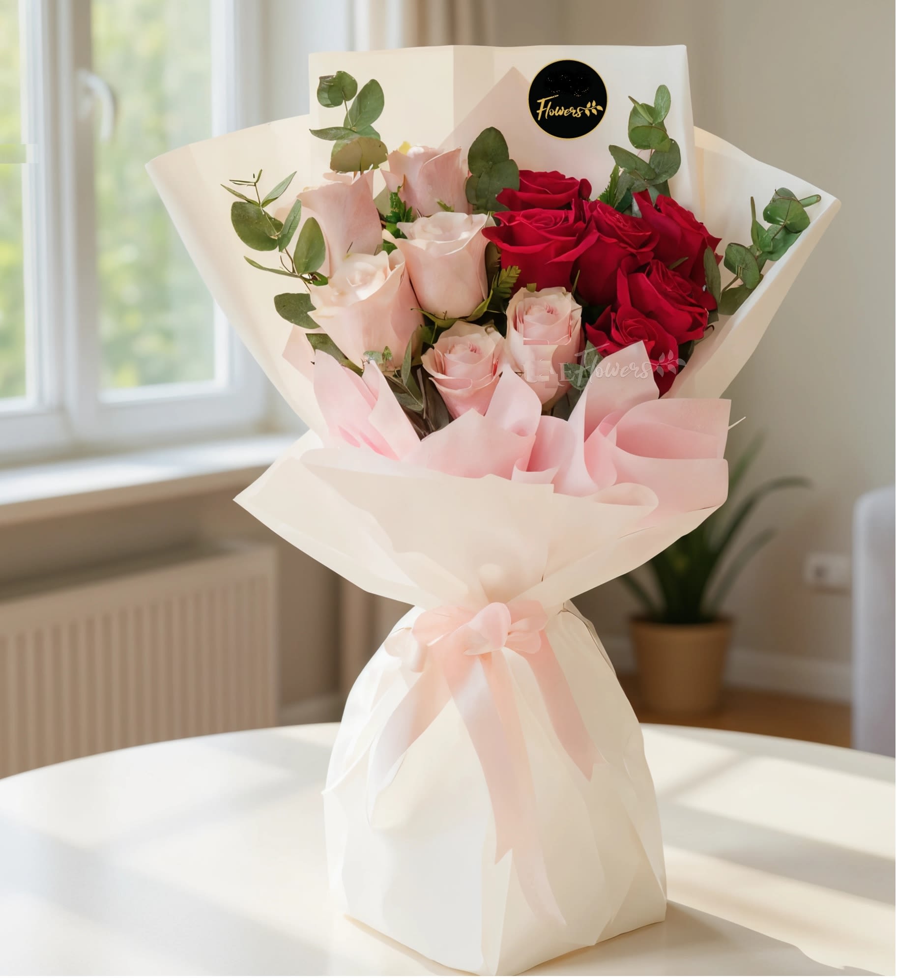 Bouquet of red and pale pink roses wrapped in white paper