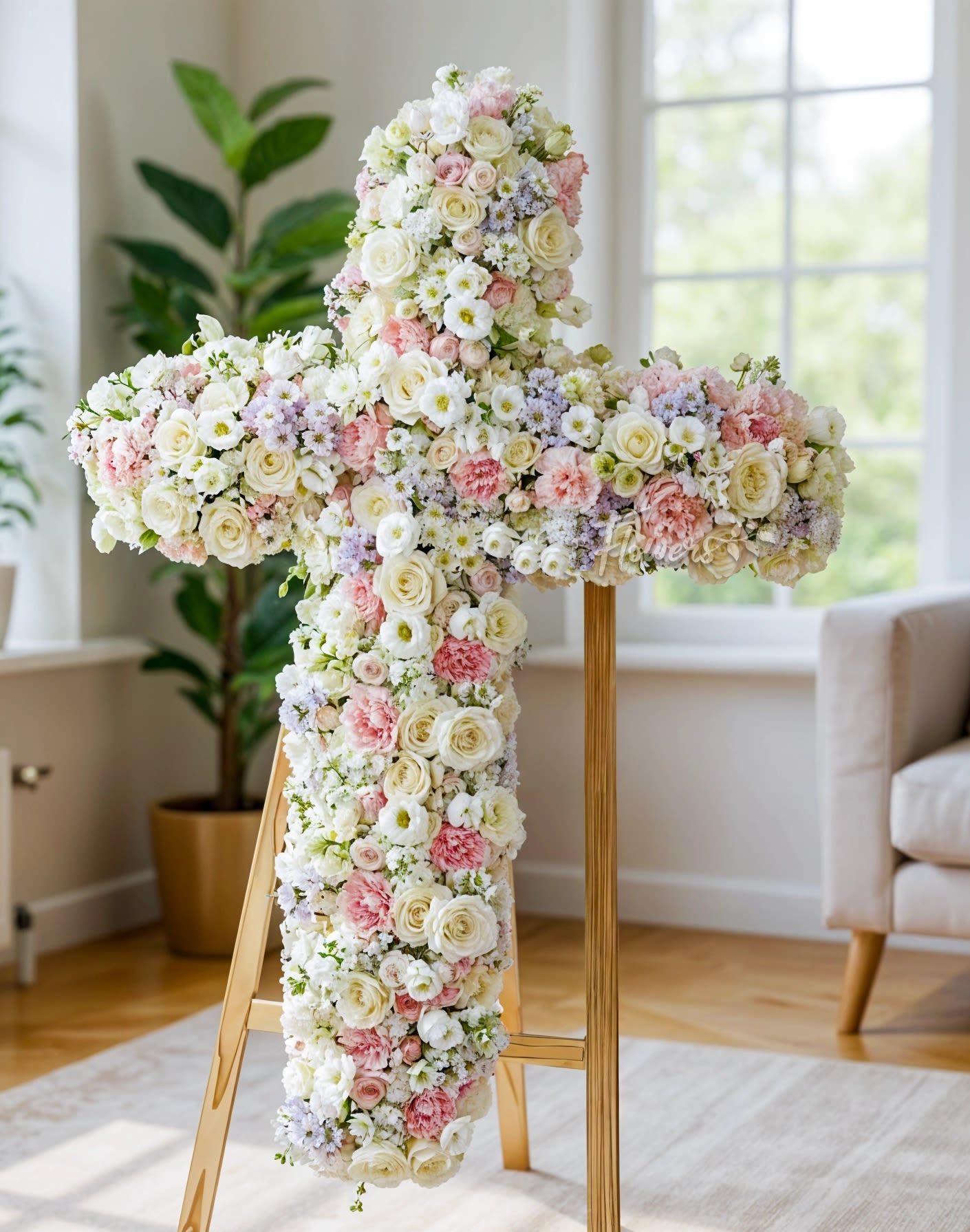 Large floral cross covered in white and pink blooms on a stand