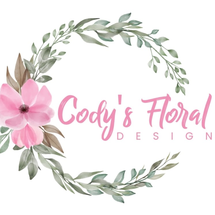 Pink flower logo with leafy wreath and the text "Cody's Floral Design"
