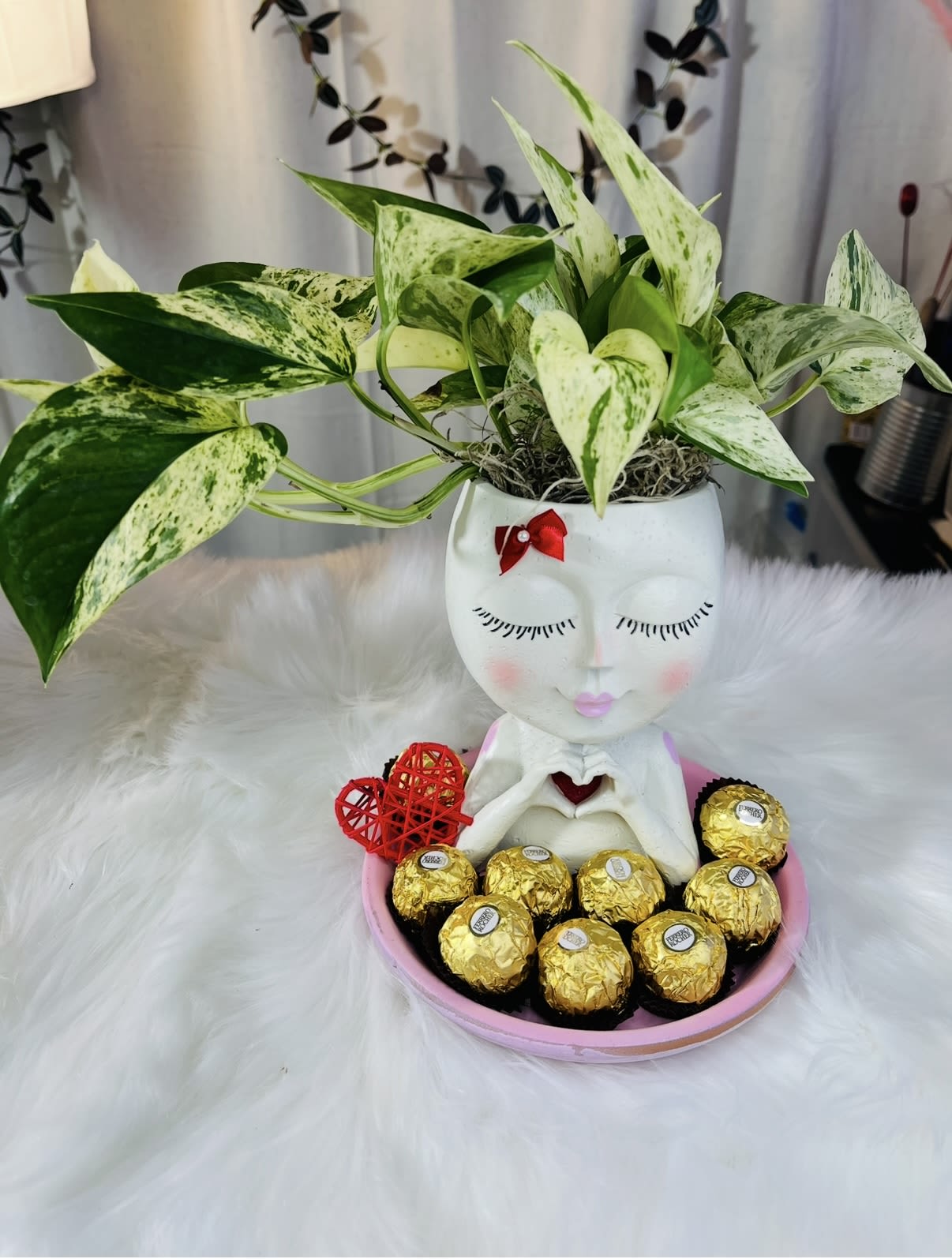 Potted variegated plant in a face-shaped planter with chocolates