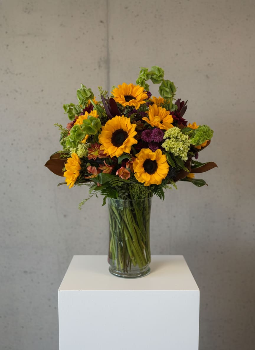 Sunflower bouquet in a clear glass vase