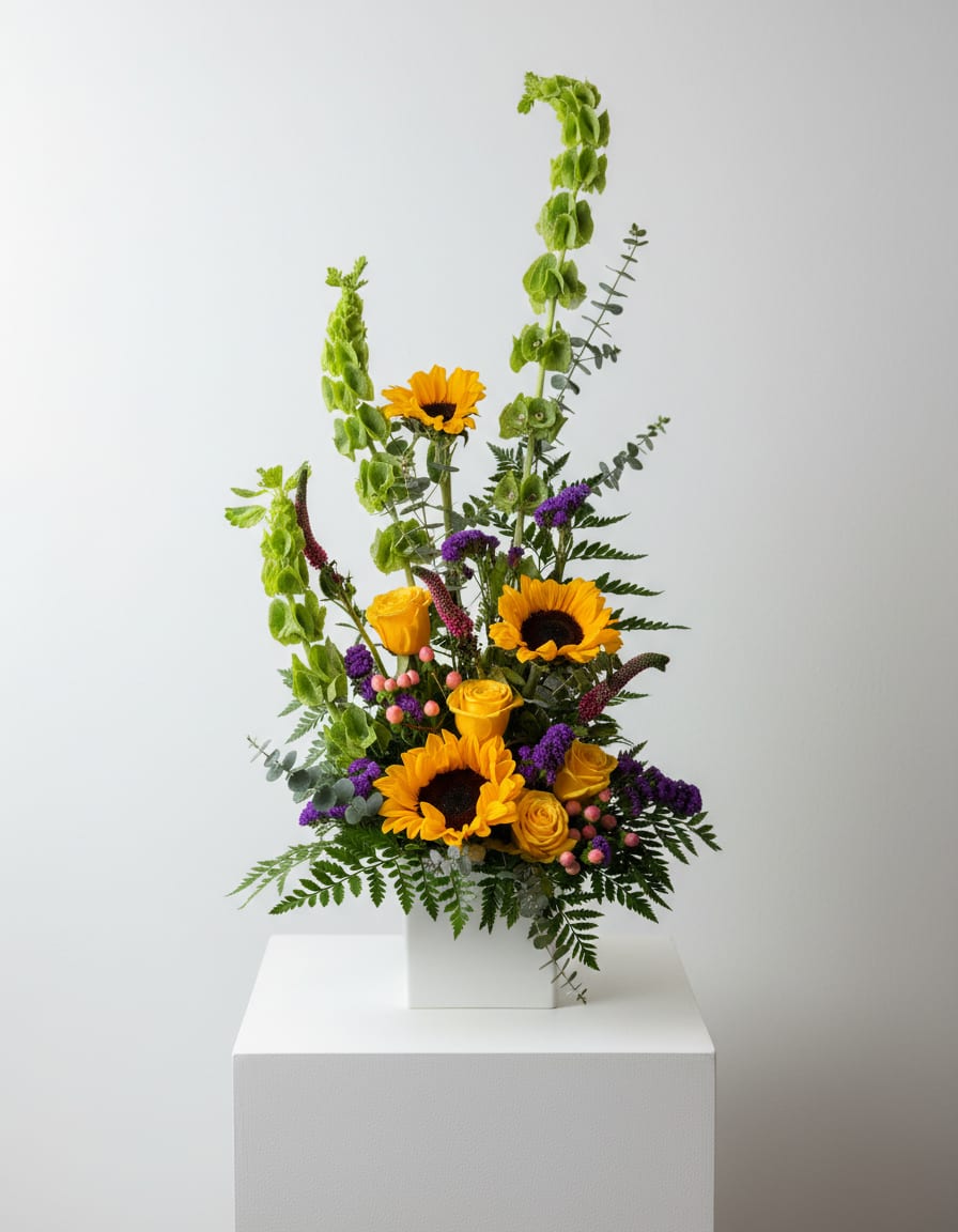 Tall floral arrangement with sunflowers and yellow roses in a white box vase