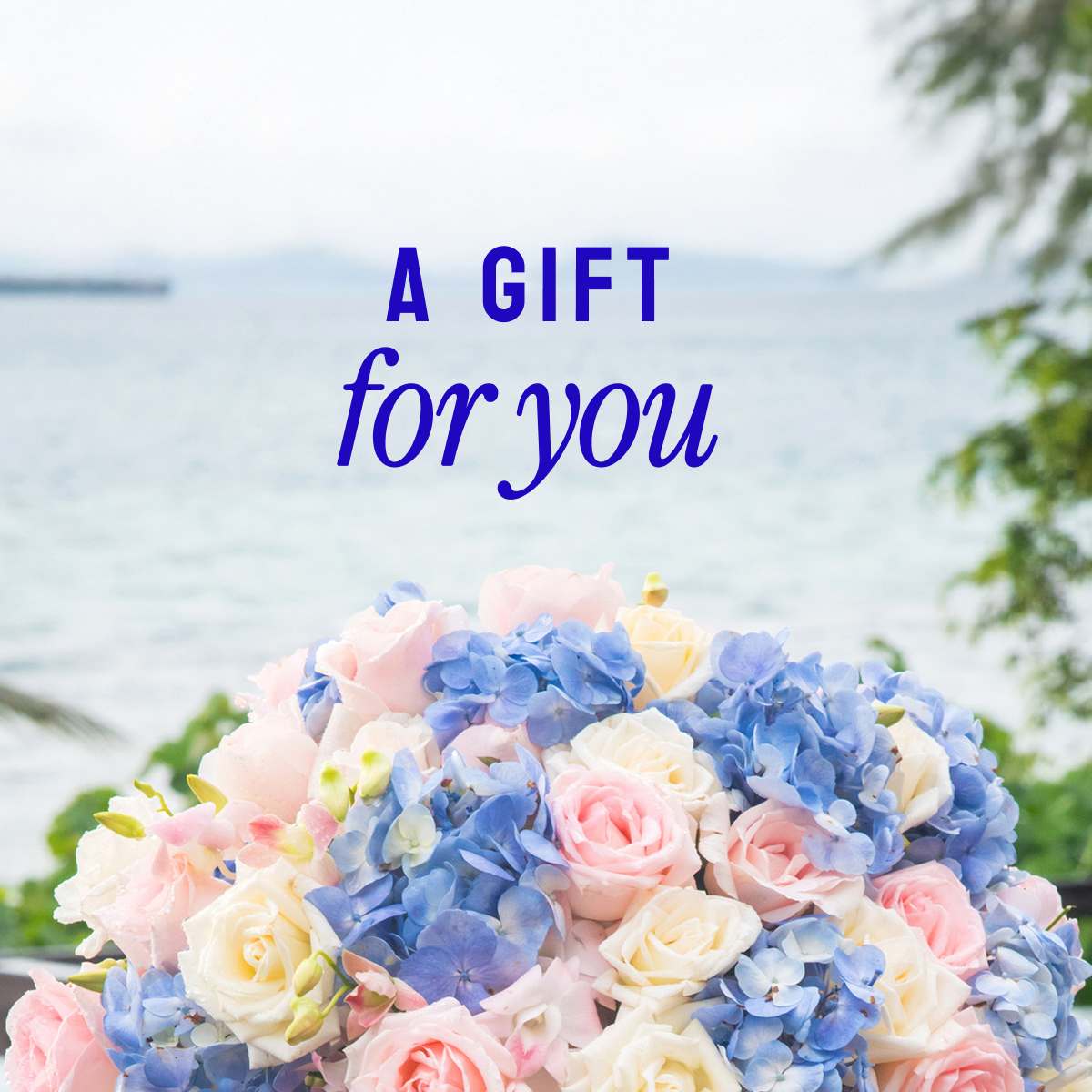 Gift card with pastel roses and blue hydrangeas by the water