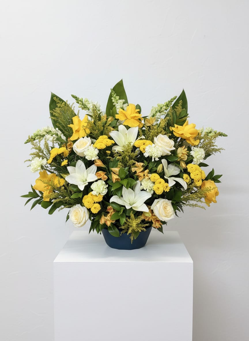 Yellow and white floral arrangement in a dark vase
