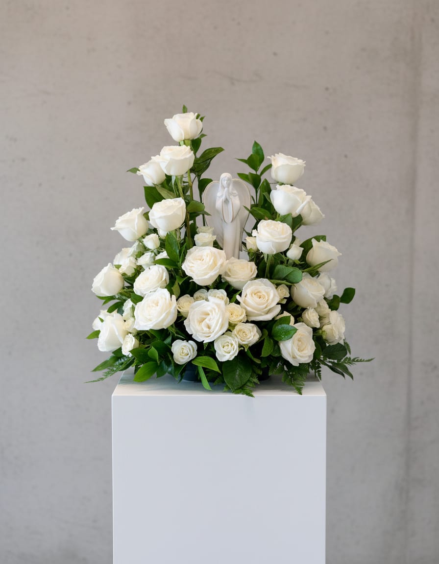 White rose arrangement with a small angel figurine in the center