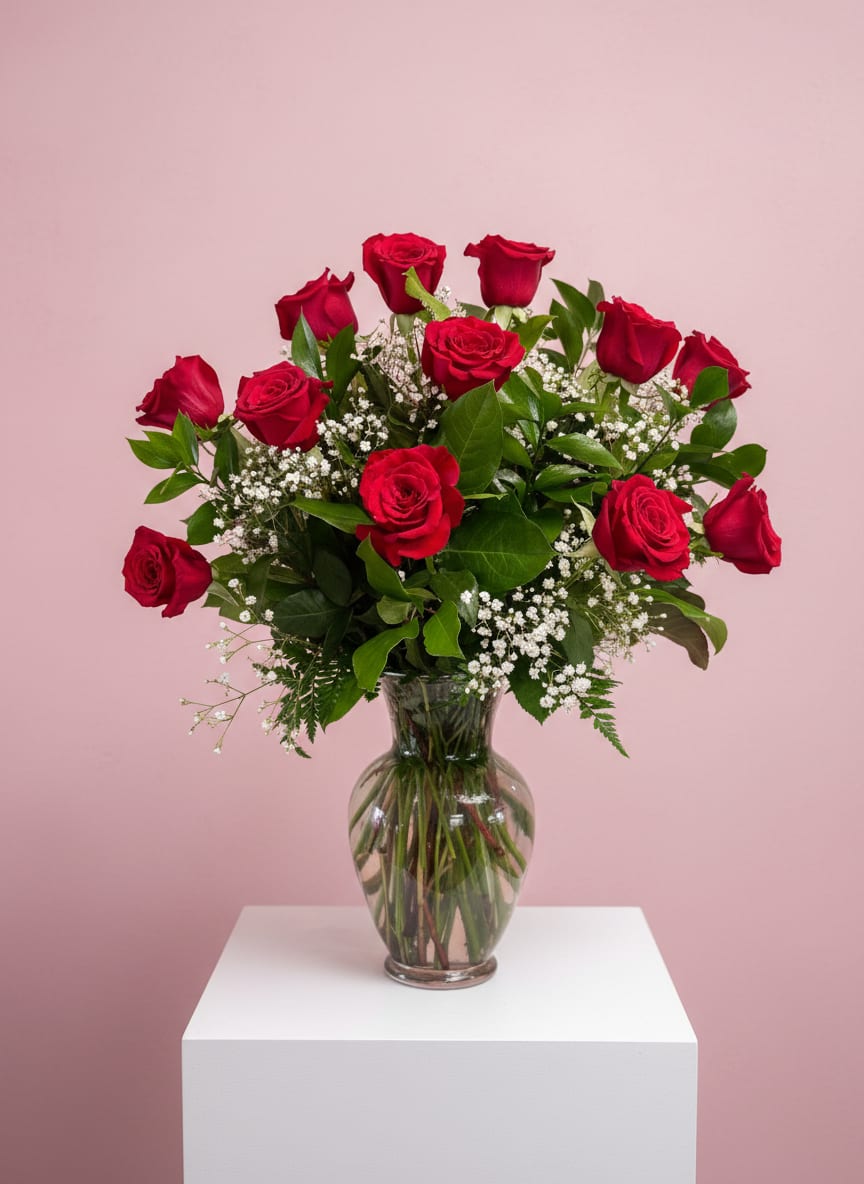 Red roses arranged in a clear glass vase with baby's breath