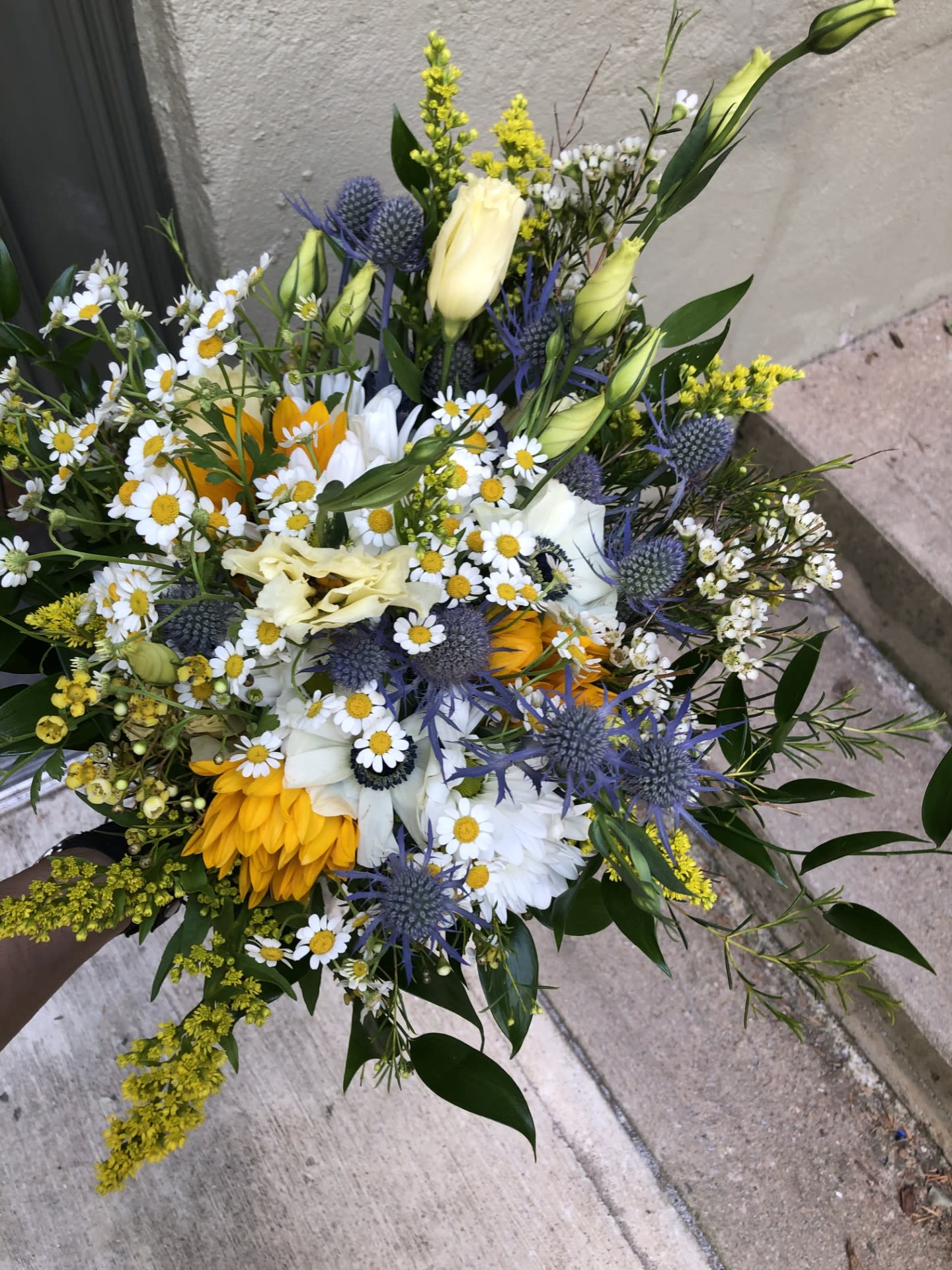 Mixed bouquet with white daisies, yellow blooms, and blue thistle-like flowers