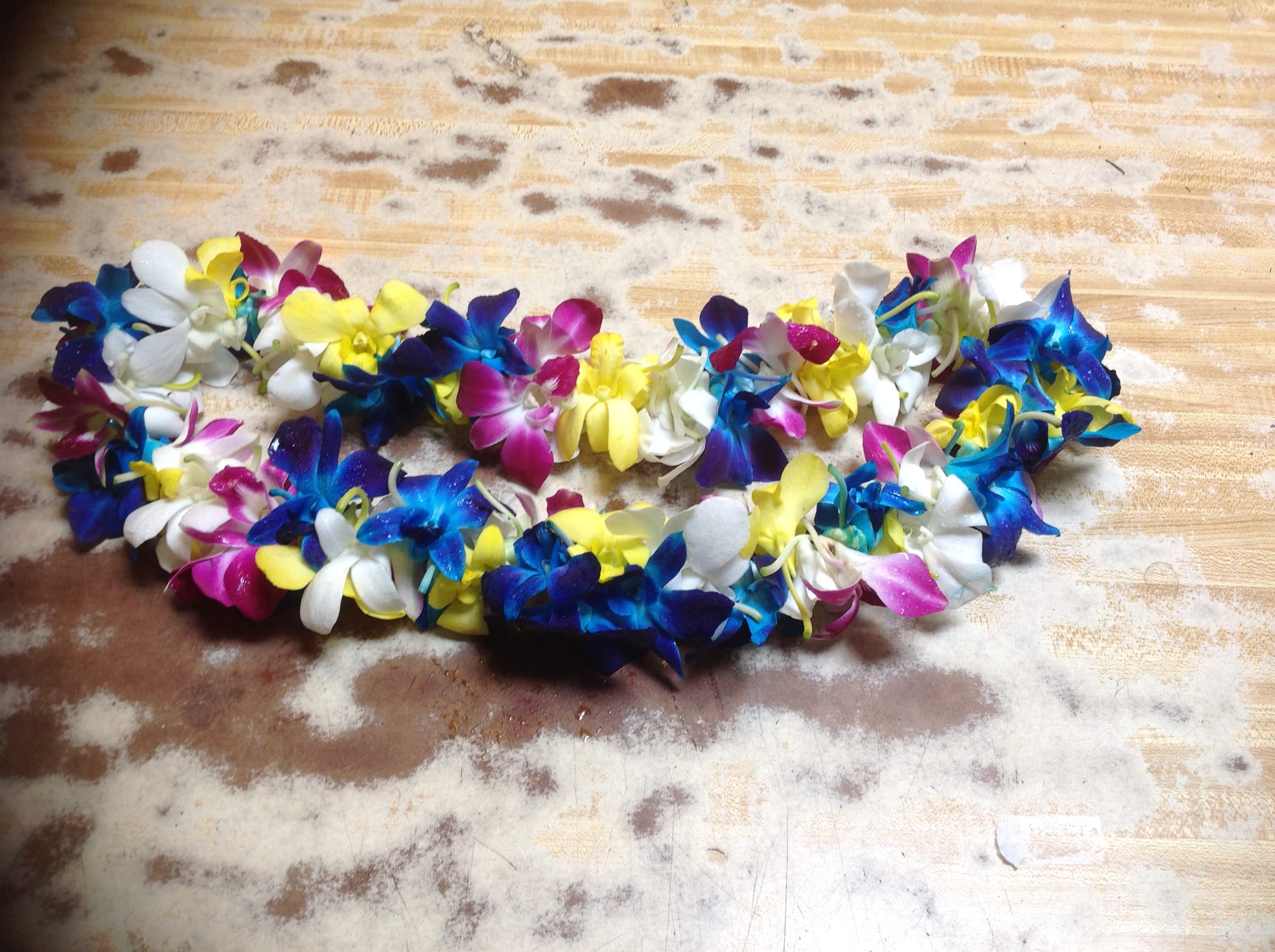 Colorful orchid lei laid on a wooden surface