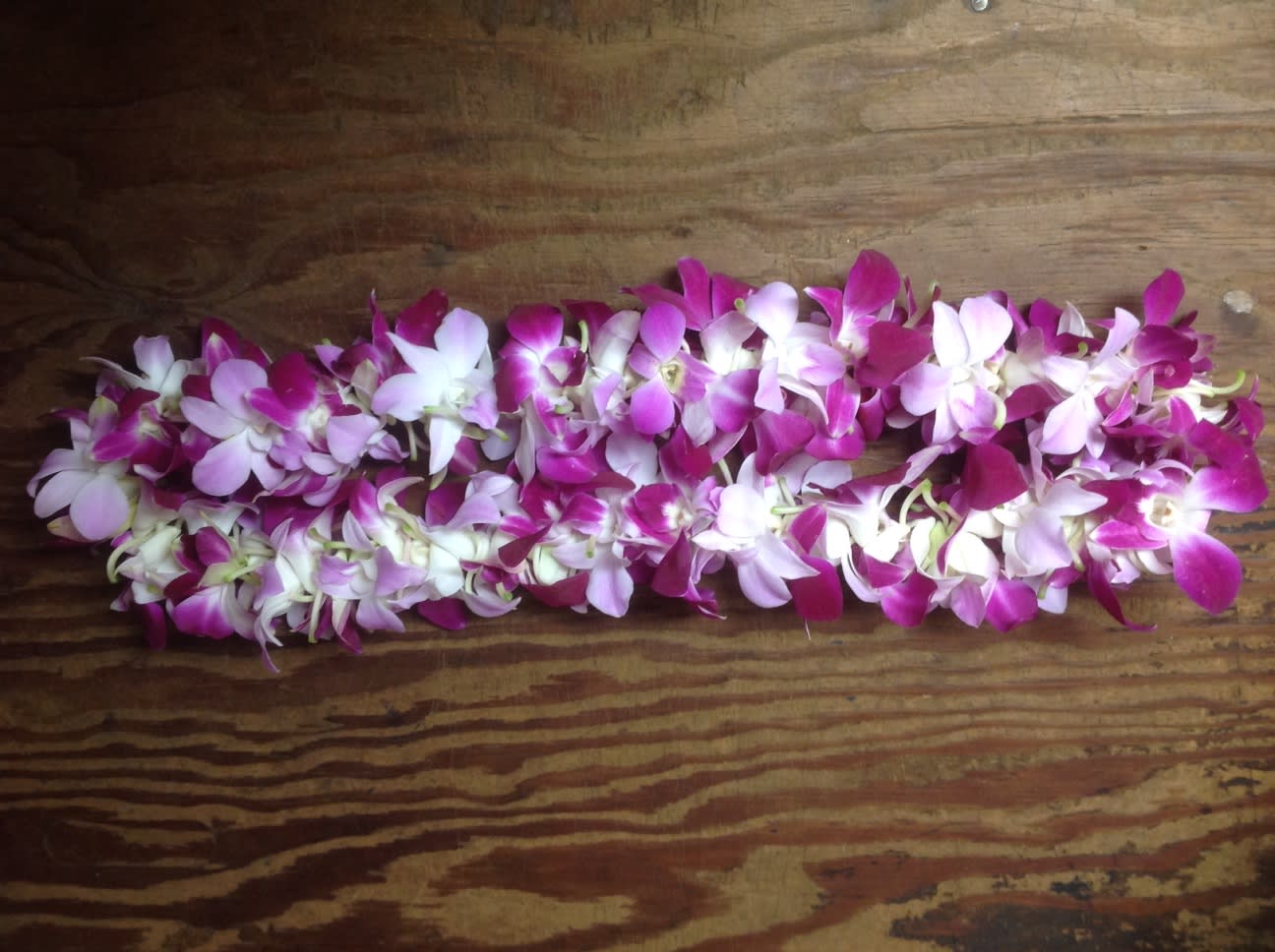 Two garlands of pink and white orchid blossoms on a wooden surface