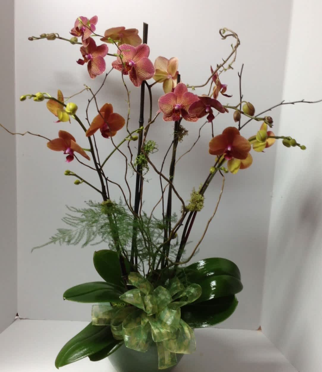 Tall orchid arrangement in a pot with pink, orange, and yellow blooms