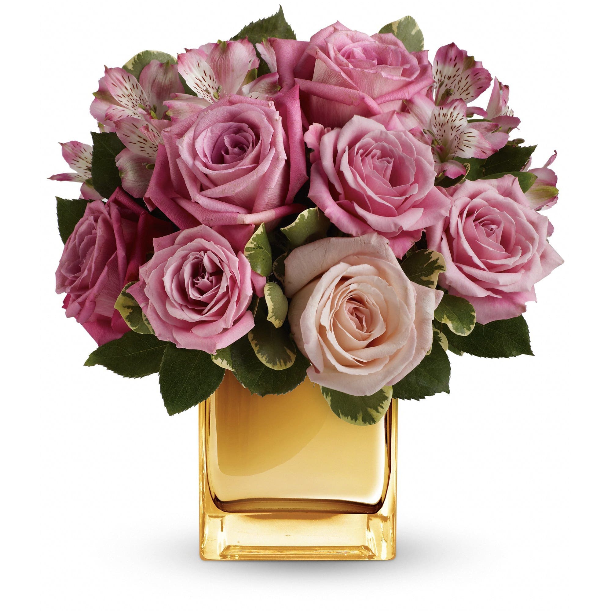 Pink roses and alstroemeria arranged in a gold glass vase