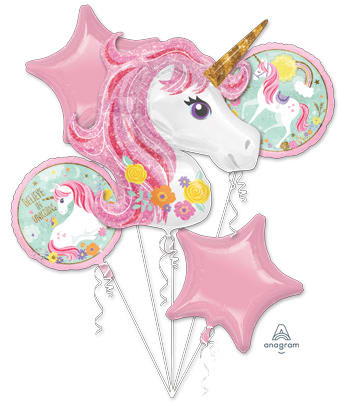 Pink unicorn-shaped balloons with star balloons and floral accents