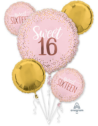 Pink and gold Sweet 16 balloons with confetti dots