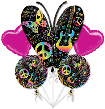 Birthday balloon bouquet with butterfly, guitar, and peace sign designs