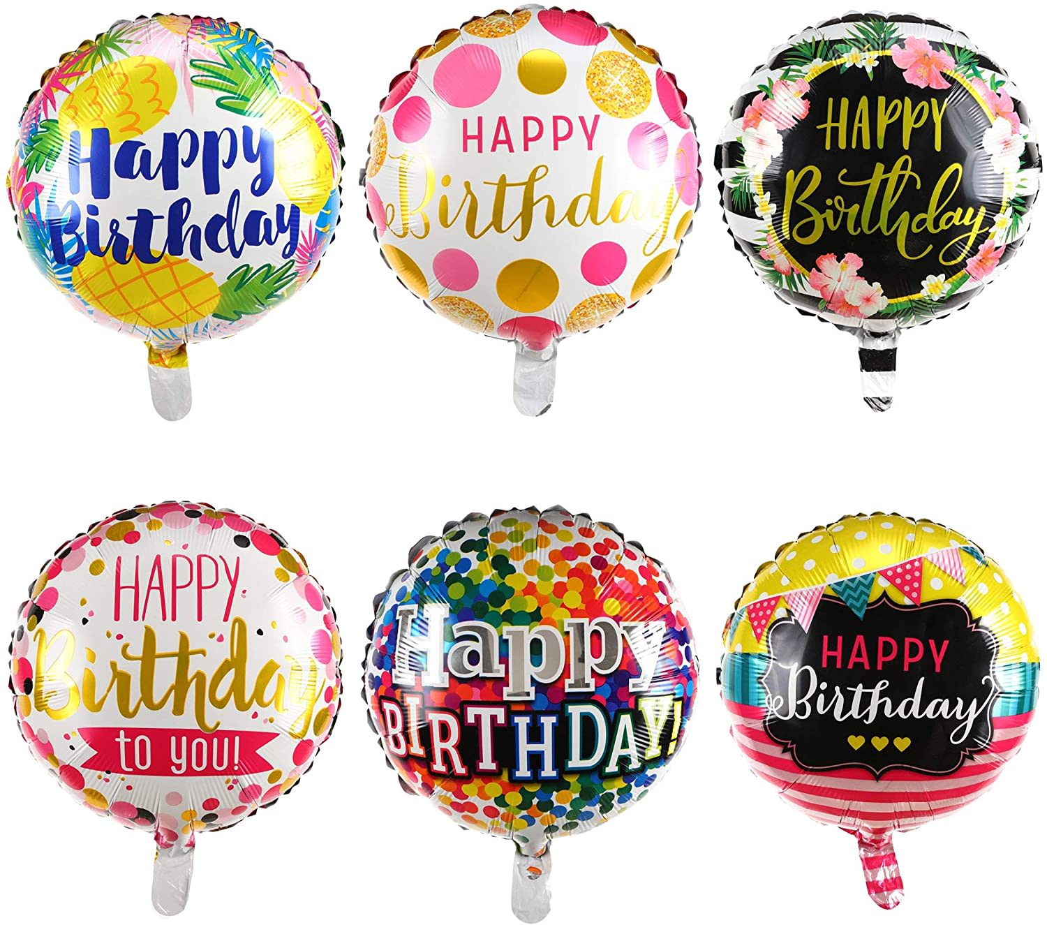 Six round birthday balloons with colorful printed designs