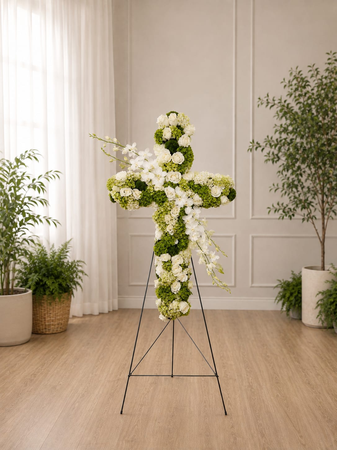 White and green floral cross on a metal stand