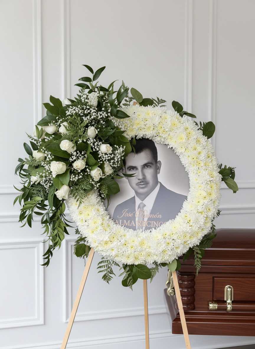 White floral funeral wreath on an easel with a portrait in the center