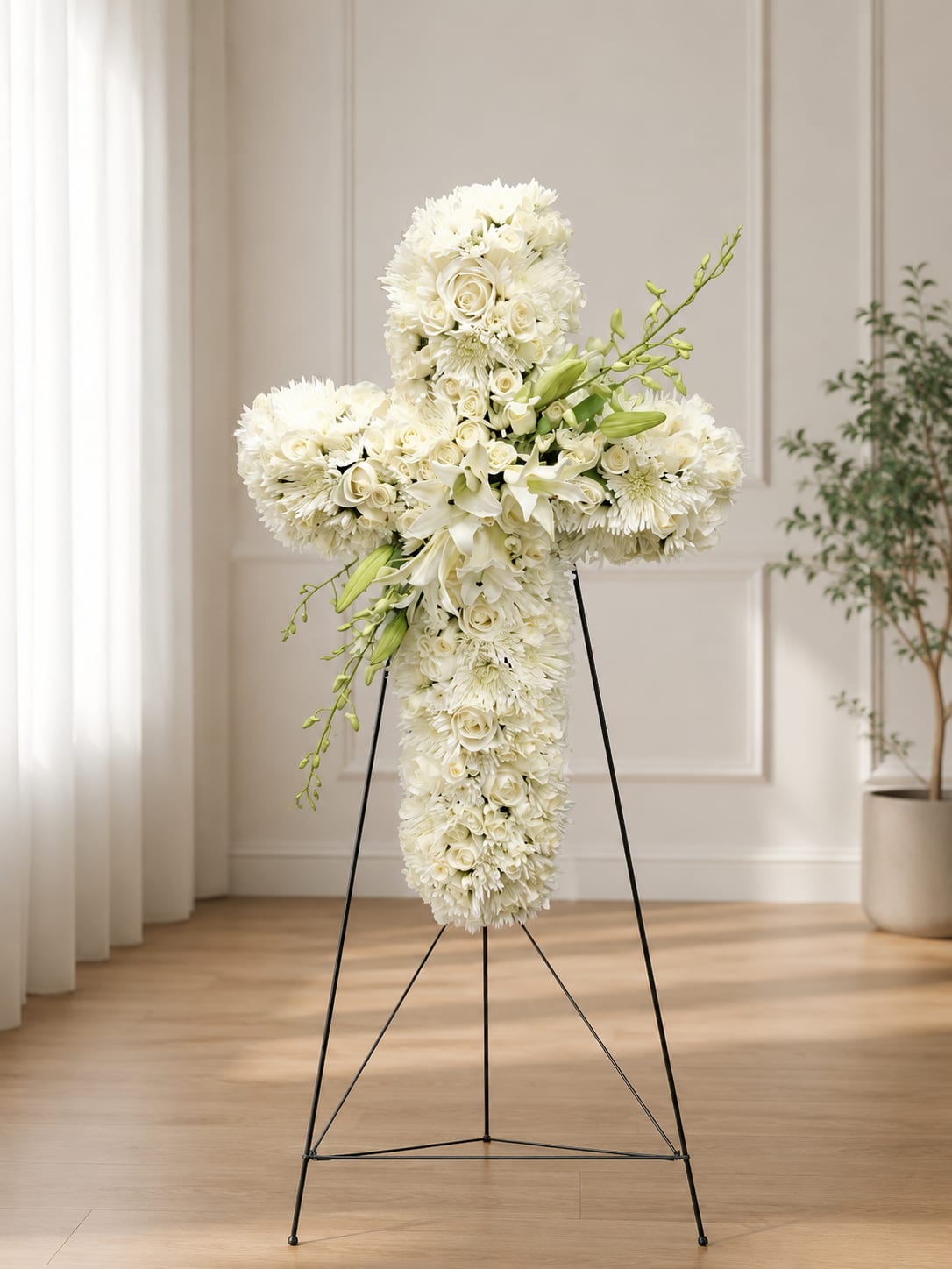 White floral cross arrangement on a stand with lilies and roses