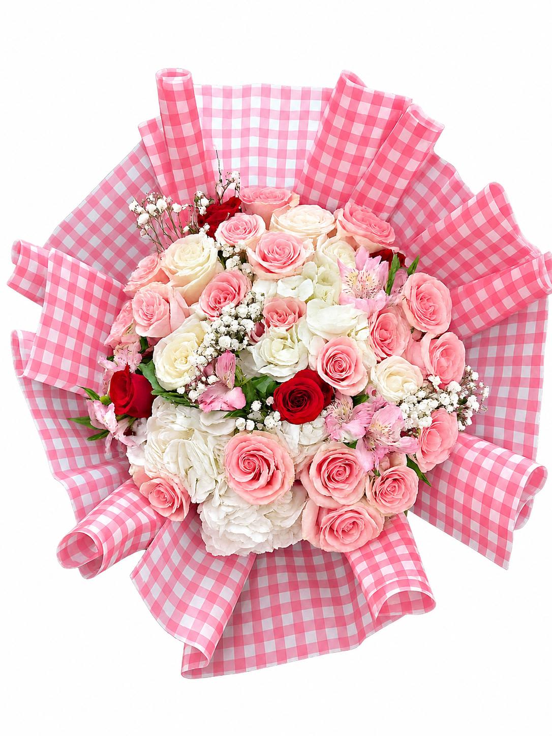 Pink Coquette Bouquet - Pink Coquette Bouquet – Roses + Hydrangeas + Mixed Flowers Paper color may vary depending on availability