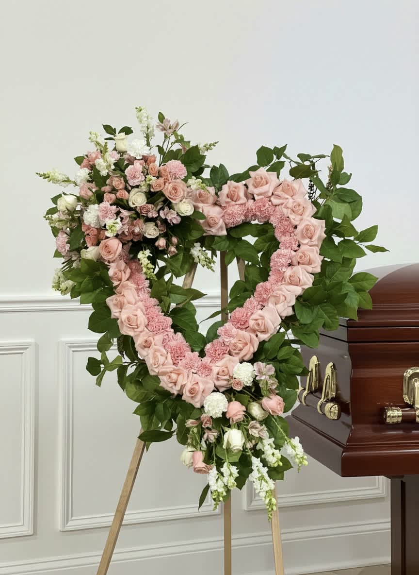 Heart-shaped pink floral funeral wreath on a stand beside a casket