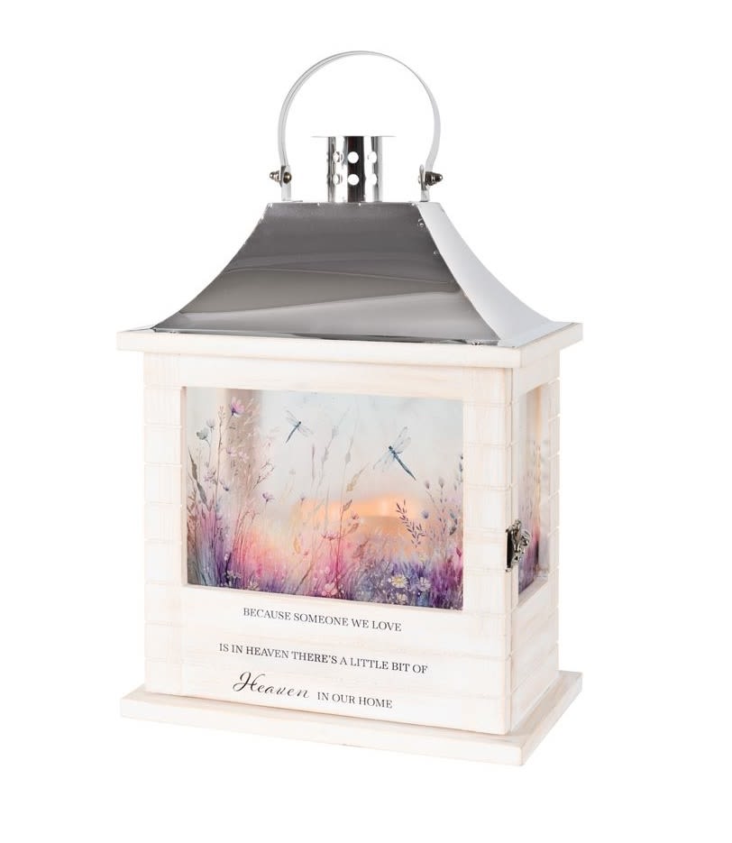 Decorative memorial lantern with a printed sunset scene and quote