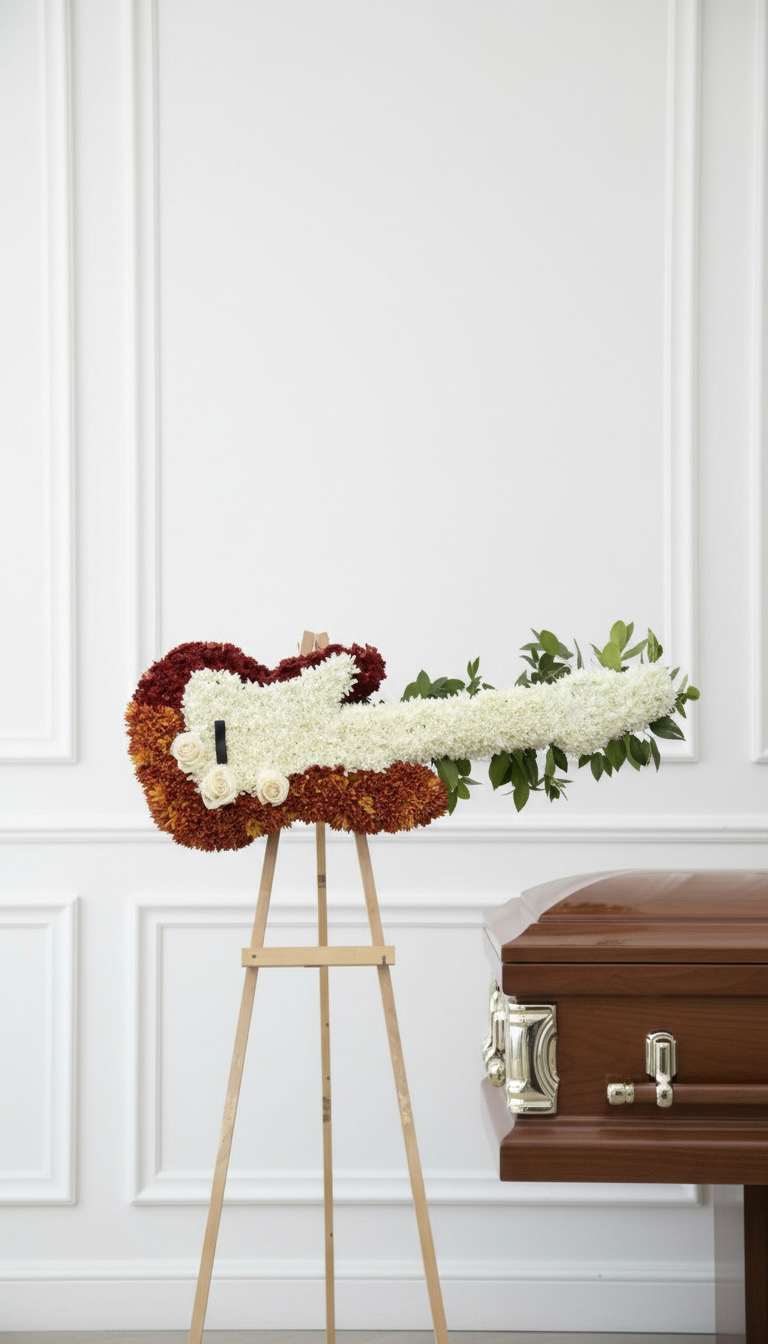 White and burgundy floral casket spray on an easel beside a wooden casket