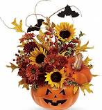 A Batty Pumpkin - Fall color crysanthemums, roses &amp; carnations with mixed greenery and halloween or fall themed embellishments