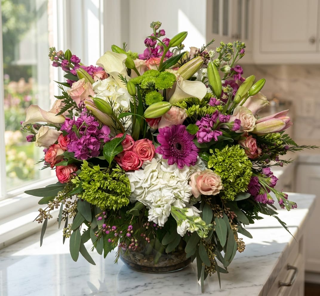 Mixed bouquet of pink, white, and green flowers in a glass bowl vase