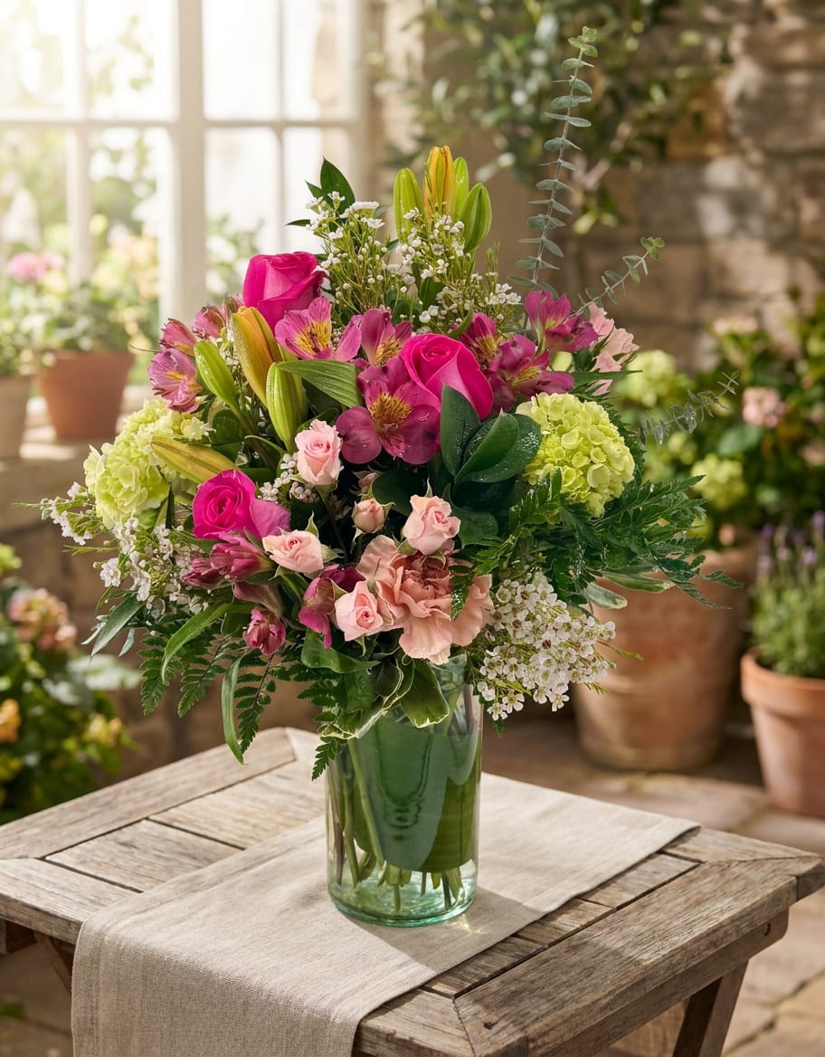 Mixed pink and green floral arrangement in a glass vase