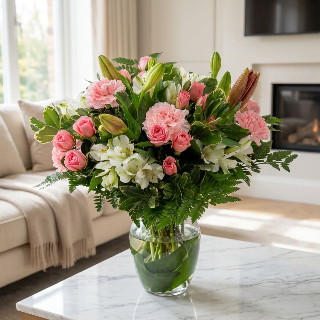 Pink roses, carnations, and white lilies in a clear glass vase