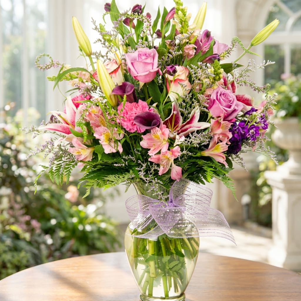 Mixed bouquet of pink, purple, and white flowers in a glass vase with a lavender ribbon.