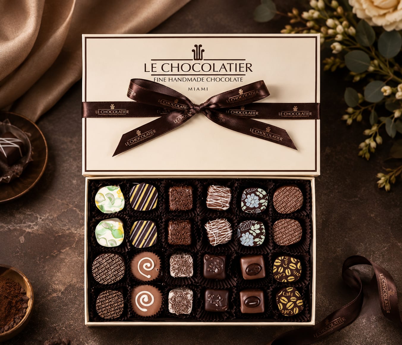 Box of assorted chocolates tied with a brown ribbon