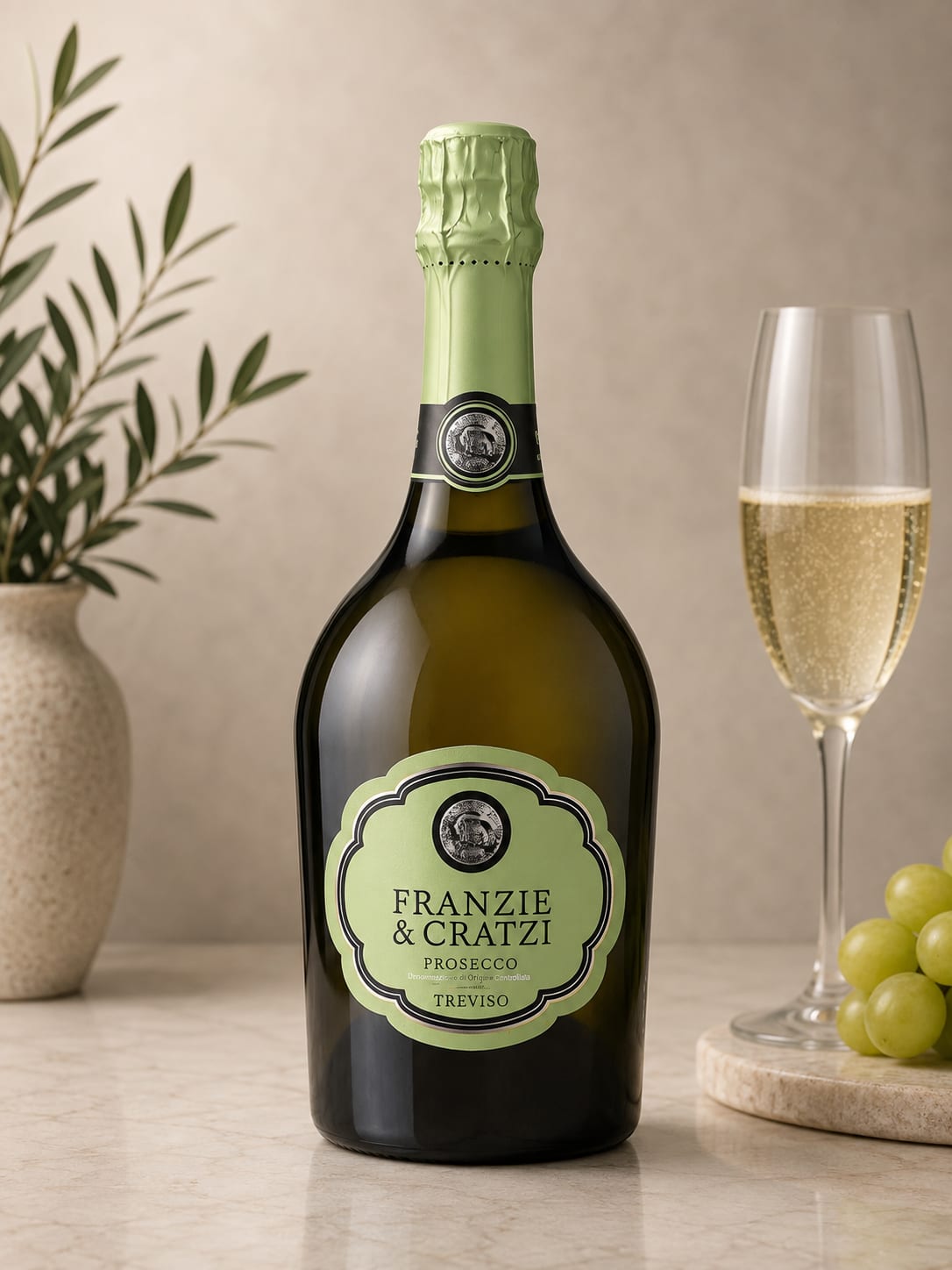 Bottle of prosecco beside a filled champagne flute and grapes