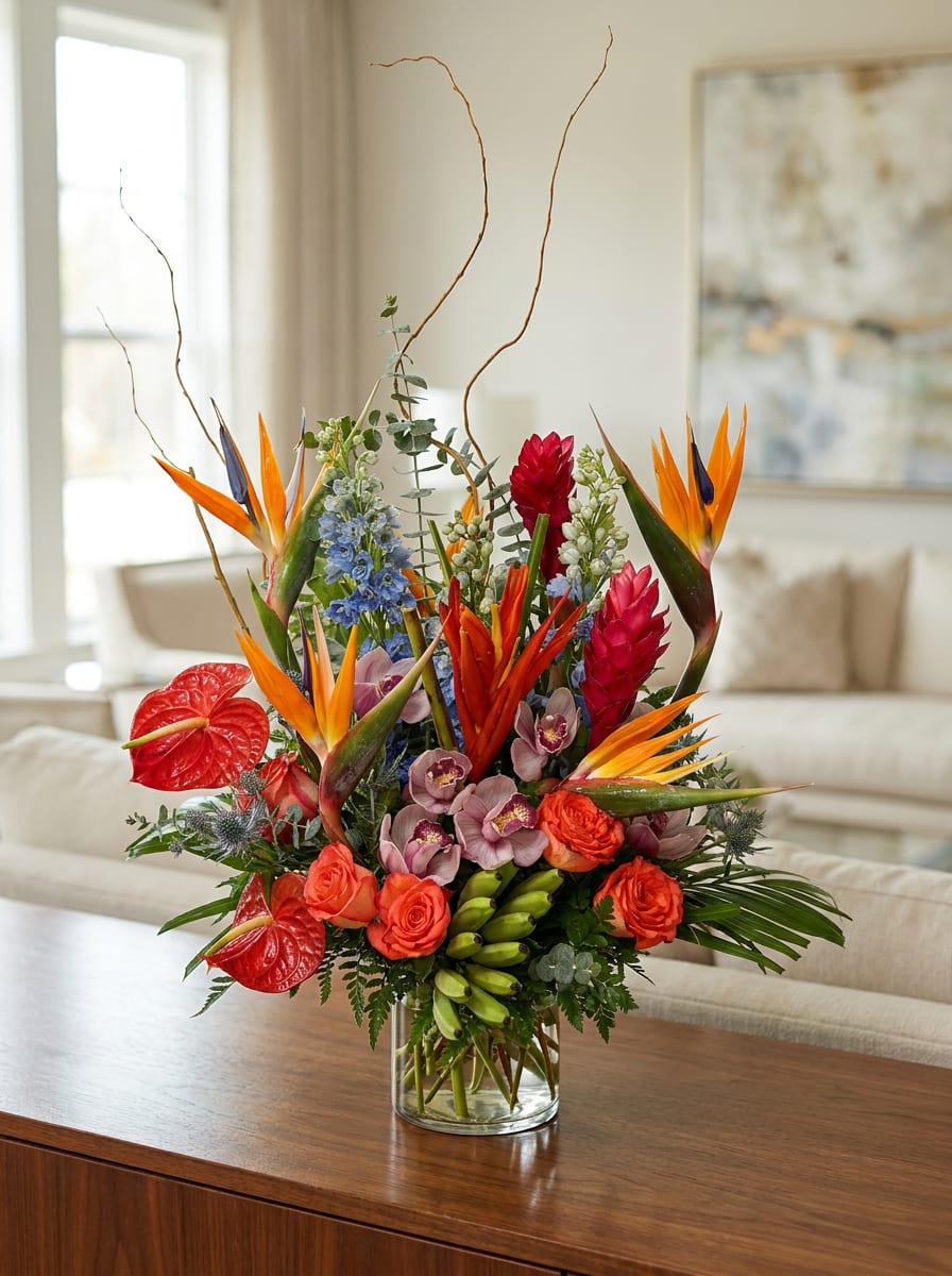 Tropical flower arrangement in a glass vase with orange bird-of-paradise and red blooms