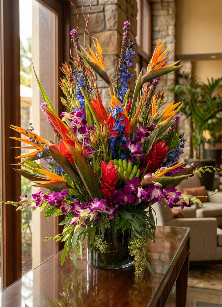 Tropical flower arrangement with purple orchids and orange bird-of-paradise in a glass vase