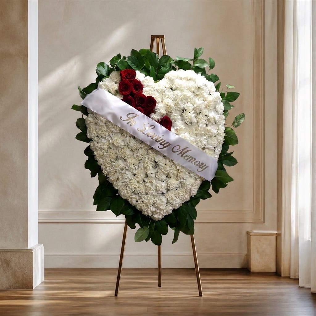 Heart-shaped floral tribute with white flowers, red roses, and a memorial ribbon on an easel