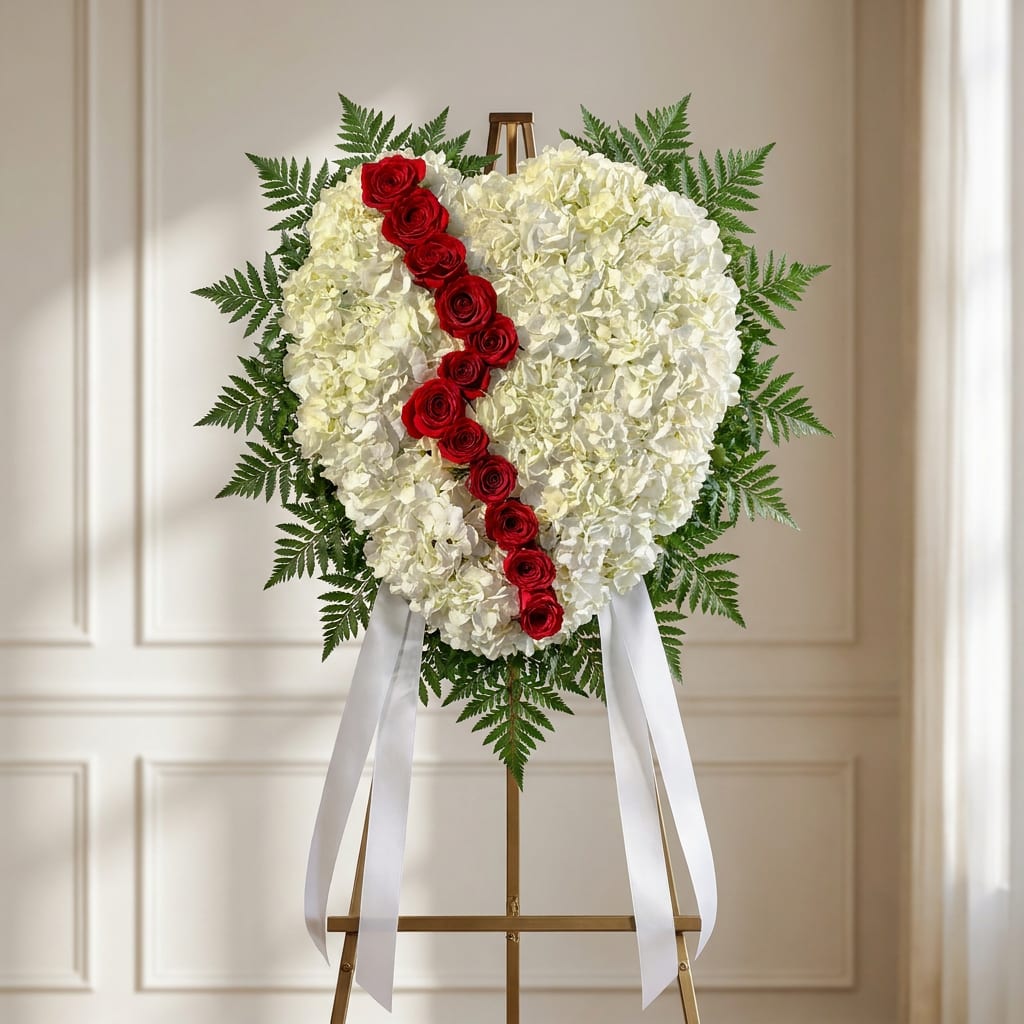 Heart-shaped white floral wreath with red roses on an easel