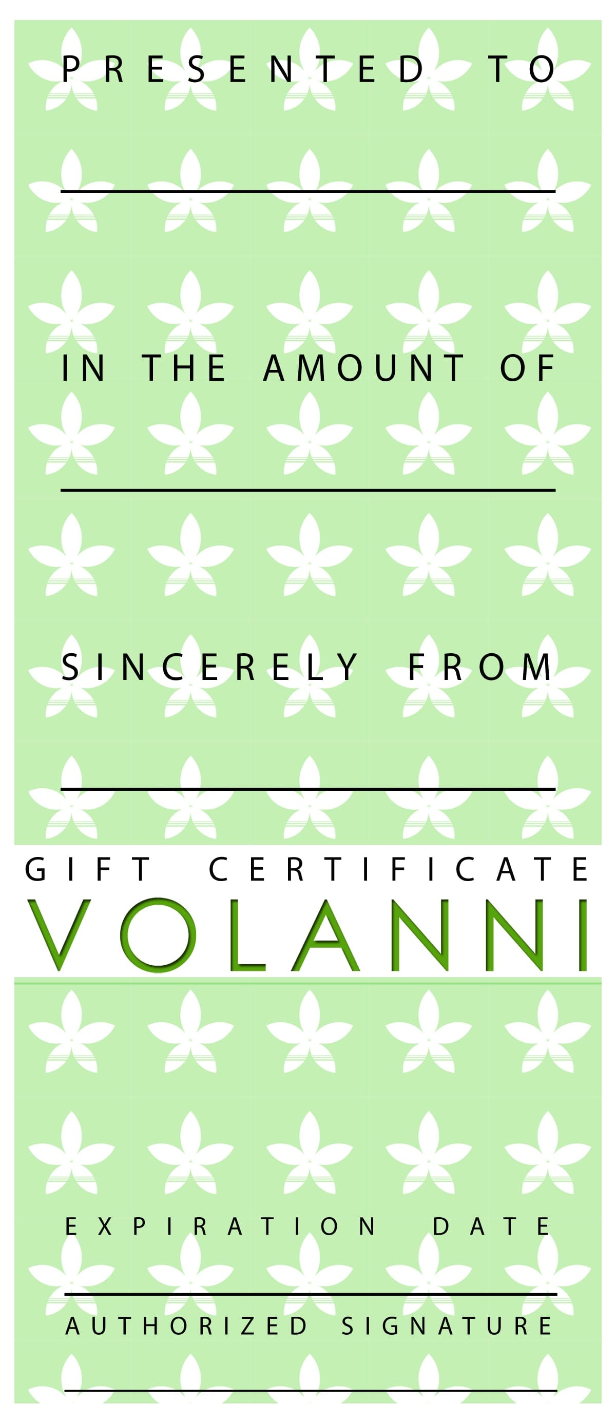 Green gift certificate with white floral pattern and Volanni text