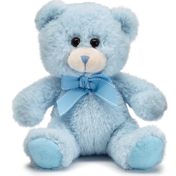 Light blue teddy bear plush with a matching ribbon bow around its neck.